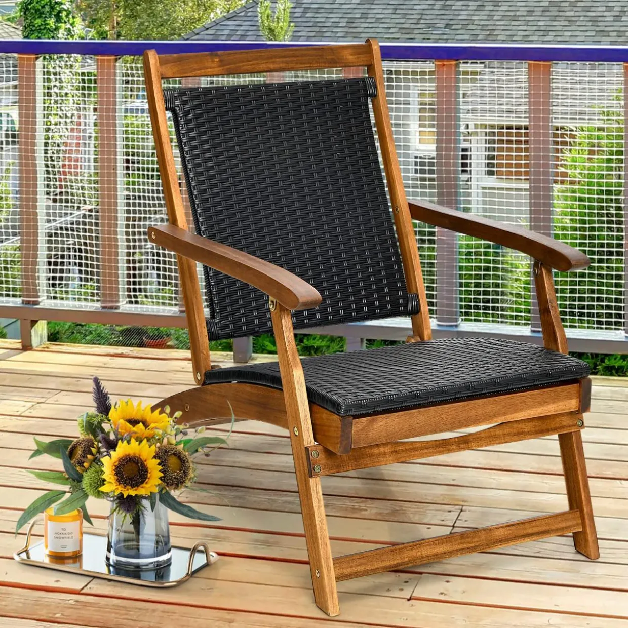 Tangkula Acacia Wood Folding Chaise Lounge Chair, Patiojoy Outdoor Foldable Deck Chair