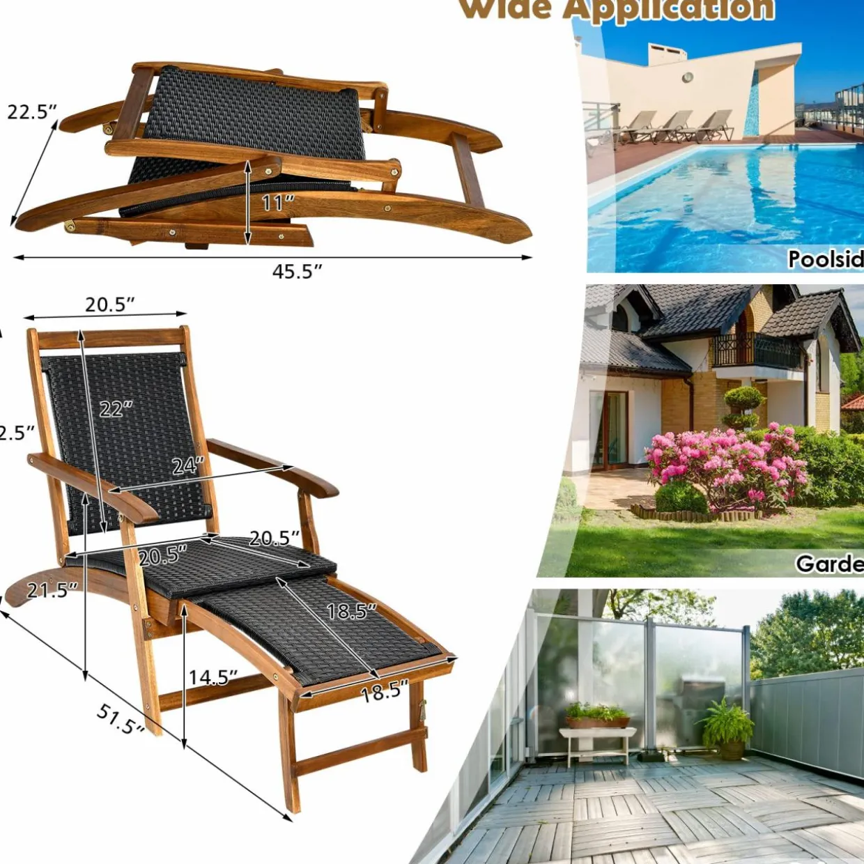 Tangkula Acacia Wood Folding Chaise Lounge Chair, Patiojoy Outdoor Foldable Deck Chair