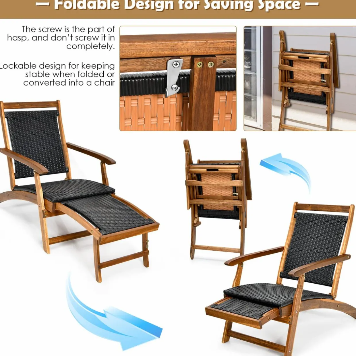 Tangkula Acacia Wood Folding Chaise Lounge Chair, Patiojoy Outdoor Foldable Deck Chair