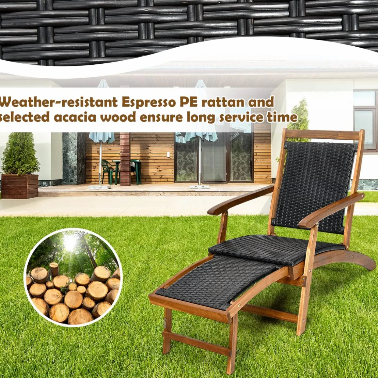 Tangkula Acacia Wood Folding Chaise Lounge Chair, Patiojoy Outdoor Foldable Deck Chair