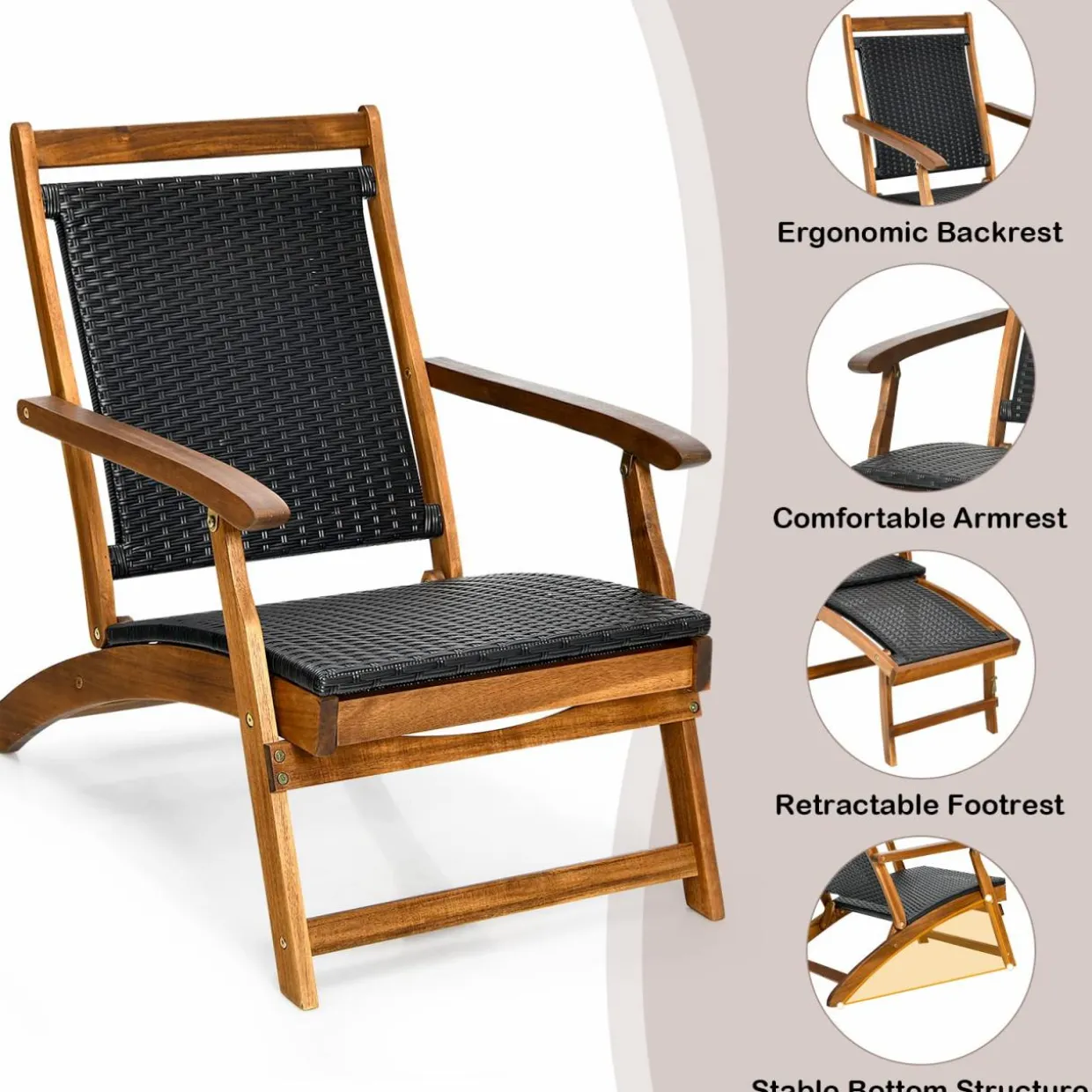 Tangkula Acacia Wood Folding Chaise Lounge Chair, Patiojoy Outdoor Foldable Deck Chair