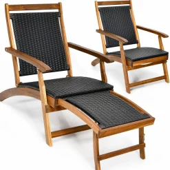 Tangkula Acacia Wood Folding Chaise Lounge Chair, Patiojoy Outdoor Foldable Deck Chair