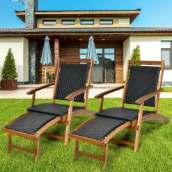 Tangkula Acacia Wood Folding Chaise Lounge Chair, Patiojoy Outdoor Foldable Deck Chair