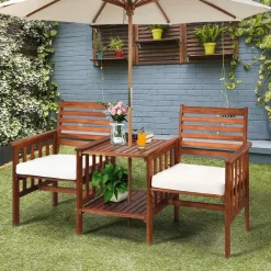 Tangkula Acacia Wood Loveseat, 3pcs Outdoor Table Chairs Set (White)
