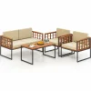 Tangkula Acacia Wood Outdoor Sofa Set, 4 Pieces Outdoor Furniture Set with Heavy Duty Metal Frame