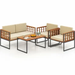 Tangkula Acacia Wood Outdoor Sofa Set, 4 Pieces Outdoor Furniture Set with Heavy Duty Metal Frame