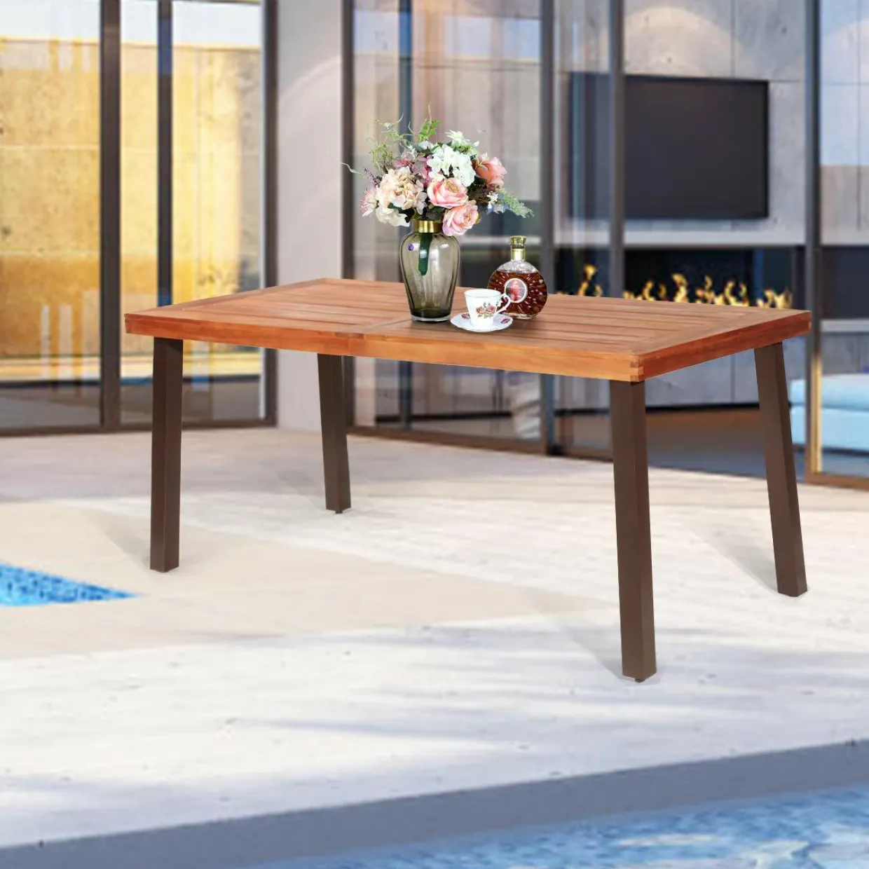 Tangkula Acacia Wood Outdoor Dining Table with Umbrella Hole