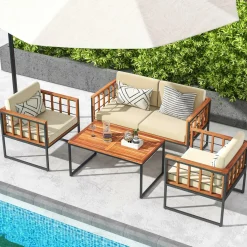 Tangkula Acacia Wood Outdoor Sofa Set, 4 Pieces Outdoor Furniture Set with Heavy Duty Metal Frame