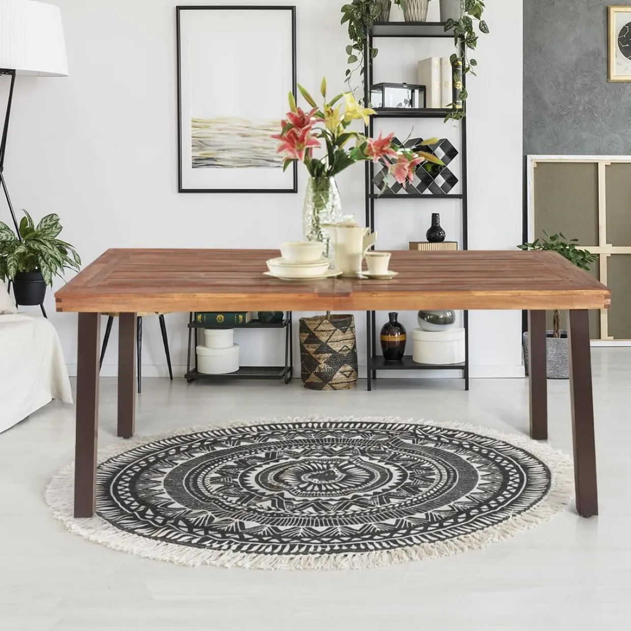 Tangkula Acacia Wood Outdoor Dining Table with Umbrella Hole