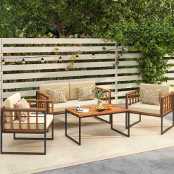Tangkula Acacia Wood Outdoor Sofa Set, 4 Pieces Outdoor Furniture Set with Heavy Duty Metal Frame