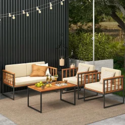 Tangkula Acacia Wood Outdoor Sofa Set, 4 Pieces Outdoor Furniture Set with Heavy Duty Metal Frame