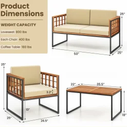 Tangkula Acacia Wood Outdoor Sofa Set, 4 Pieces Outdoor Furniture Set with Heavy Duty Metal Frame