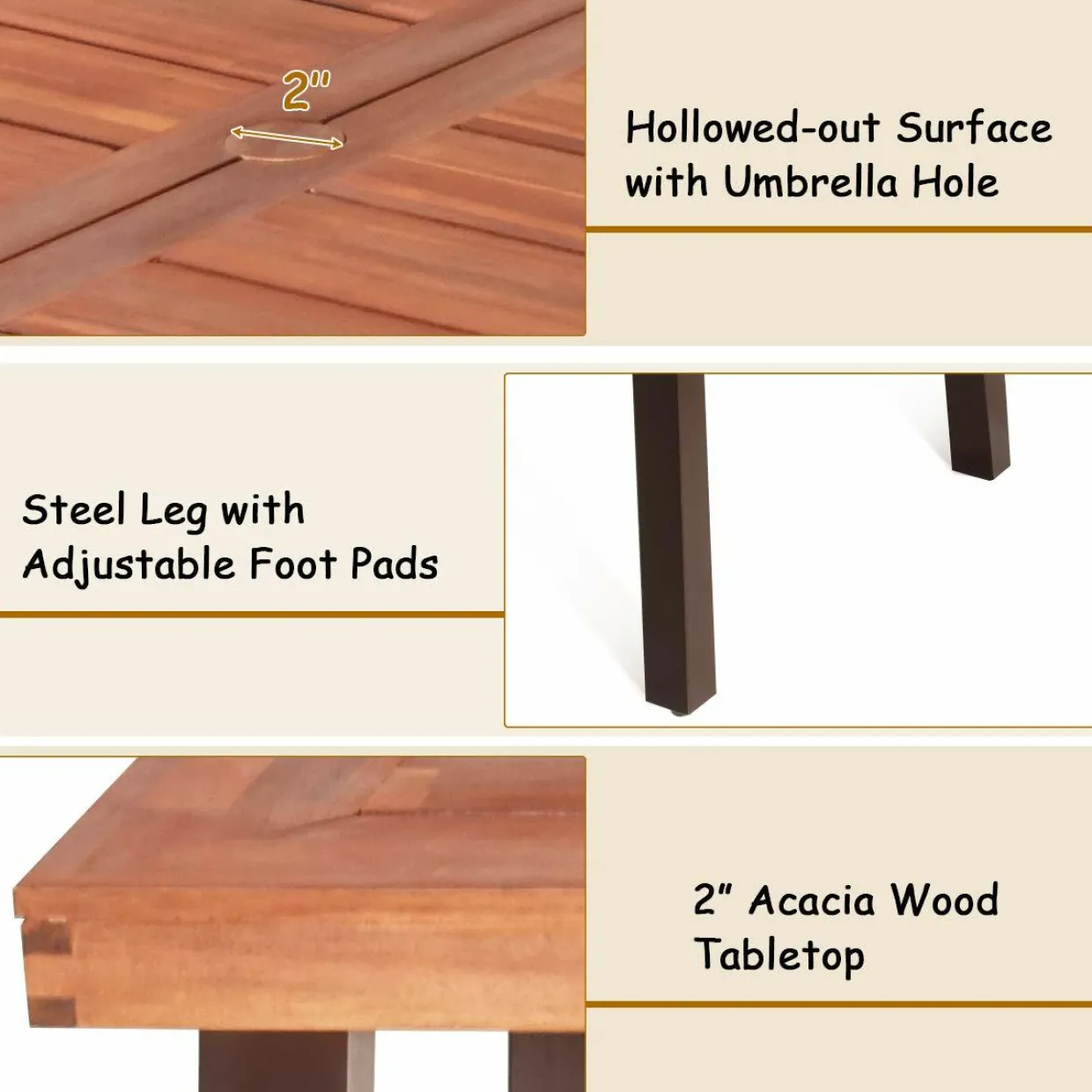 Tangkula Acacia Wood Outdoor Dining Table with Umbrella Hole