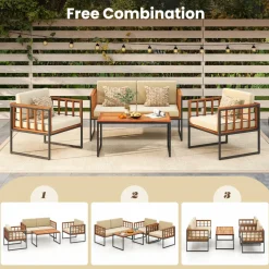 Tangkula Acacia Wood Outdoor Sofa Set, 4 Pieces Outdoor Furniture Set with Heavy Duty Metal Frame