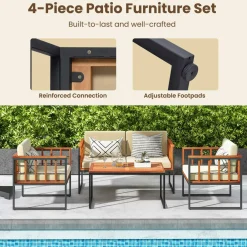 Tangkula Acacia Wood Outdoor Sofa Set, 4 Pieces Outdoor Furniture Set with Heavy Duty Metal Frame