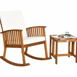 Tangkula Acacia Wood Patio Bistro Set, Outdoor Rocking Chair with Table