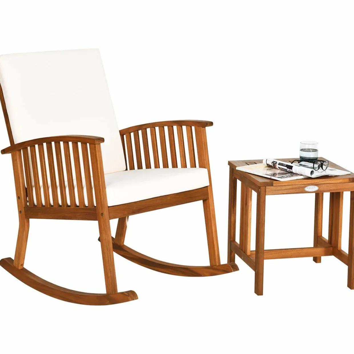 Tangkula Acacia Wood Patio Bistro Set, Outdoor Rocking Chair with Table