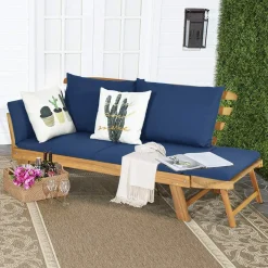 Tangkula Acacia Wood Patio Convertible Couch Sofa Bed with Adjustable Armrest