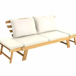 Tangkula Acacia Wood Patio Convertible Couch Sofa Bed with Adjustable Armrest