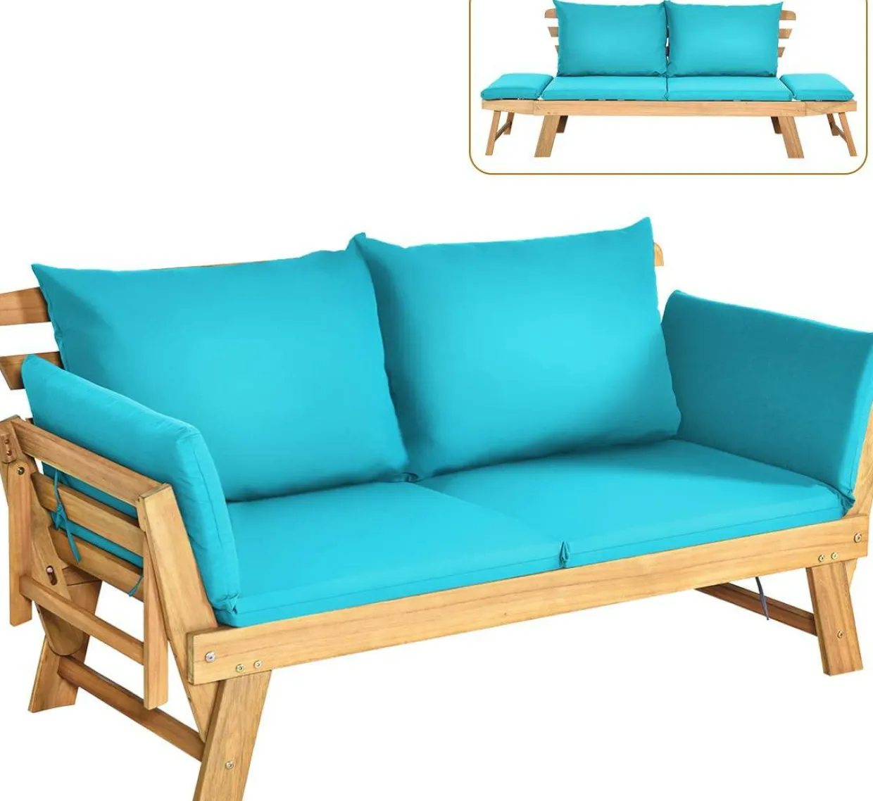 Tangkula Acacia Wood Patio Convertible Couch Sofa Bed with Adjustable Armrest