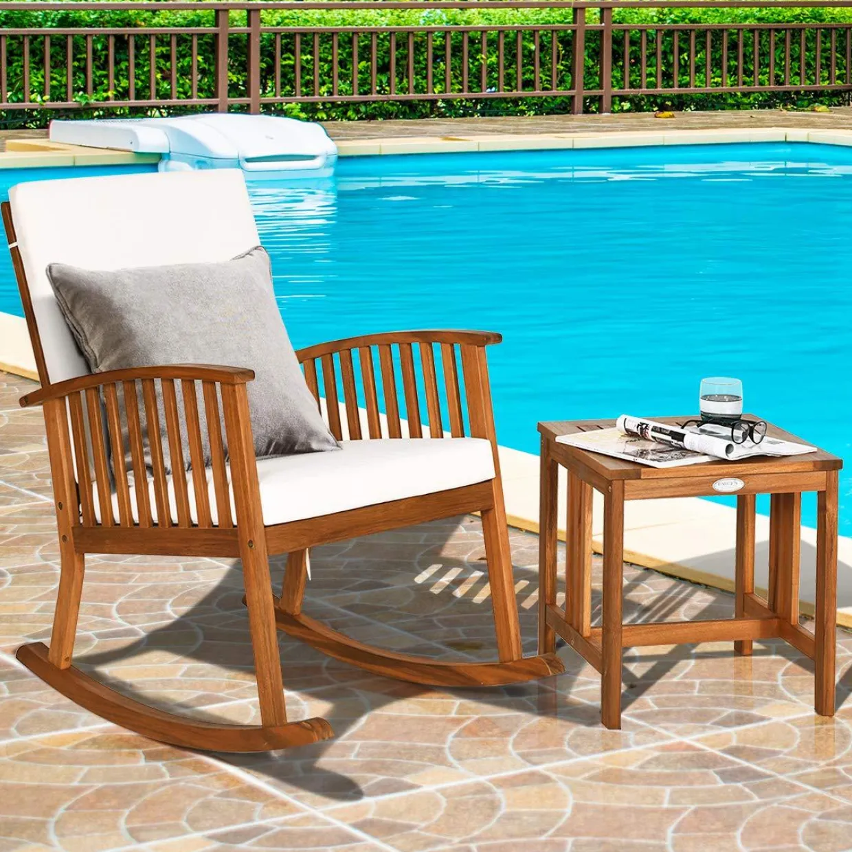 Tangkula Acacia Wood Patio Bistro Set, Outdoor Rocking Chair with Table