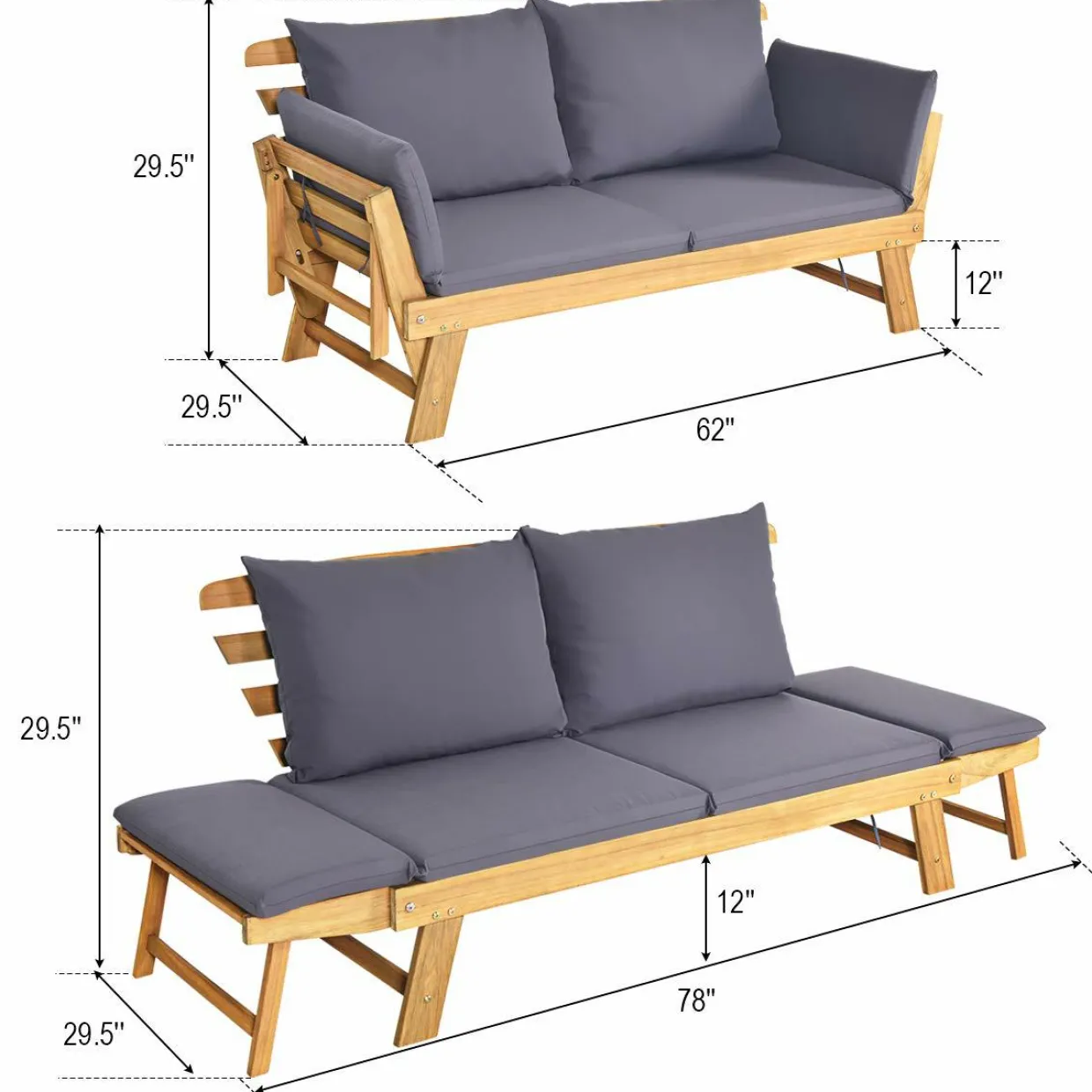 Tangkula Acacia Wood Patio Convertible Couch Sofa Bed with Adjustable Armrest