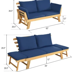 Tangkula Acacia Wood Patio Convertible Couch Sofa Bed with Adjustable Armrest