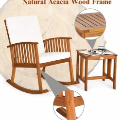 Tangkula Acacia Wood Patio Bistro Set, Outdoor Rocking Chair with Table