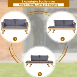 Tangkula Acacia Wood Patio Convertible Couch Sofa Bed with Adjustable Armrest