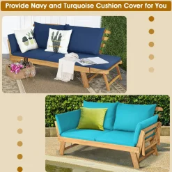 Tangkula Acacia Wood Patio Convertible Couch Sofa Bed with Adjustable Armrest