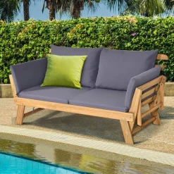 Tangkula Acacia Wood Patio Convertible Couch Sofa Bed with Adjustable Armrest