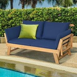 Tangkula Acacia Wood Patio Convertible Couch Sofa Bed with Adjustable Armrest