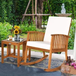 Tangkula Acacia Wood Patio Bistro Set, Outdoor Rocking Chair with Table