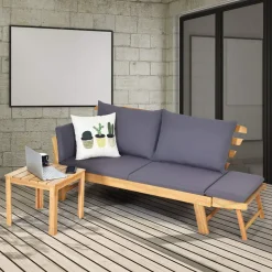 Tangkula Acacia Wood Patio Convertible Couch Sofa Bed with Adjustable Armrest