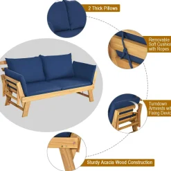 Tangkula Acacia Wood Patio Convertible Couch Sofa Bed with Adjustable Armrest