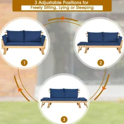 Tangkula Acacia Wood Patio Convertible Couch Sofa Bed with Adjustable Armrest