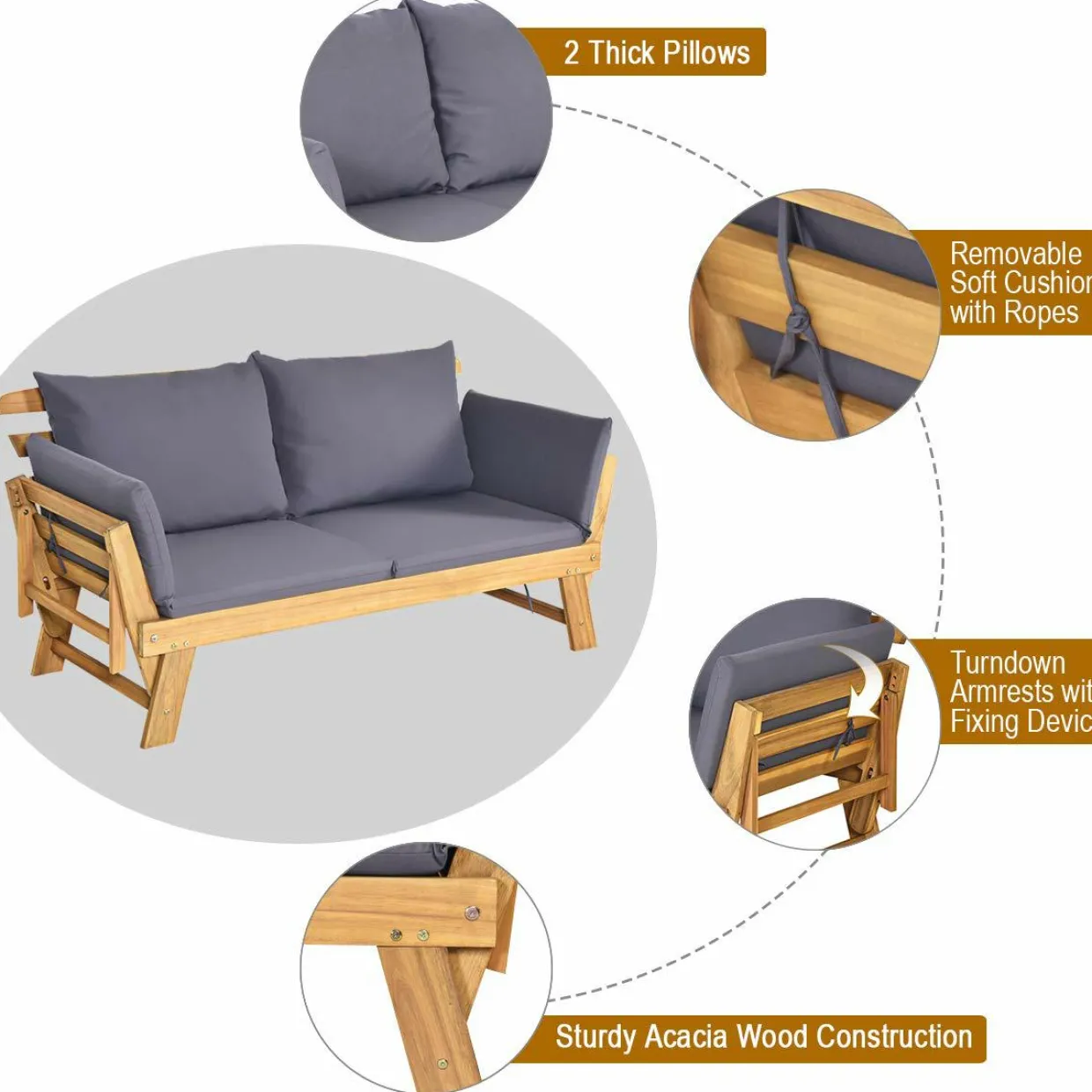 Tangkula Acacia Wood Patio Convertible Couch Sofa Bed with Adjustable Armrest