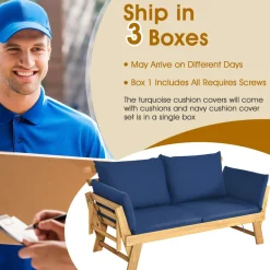 Tangkula Acacia Wood Patio Convertible Couch Sofa Bed with Adjustable Armrest