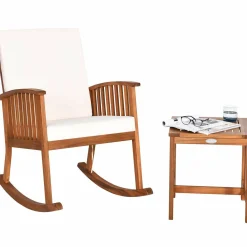 Tangkula Acacia Wood Patio Bistro Set, Outdoor Rocking Chair with Table