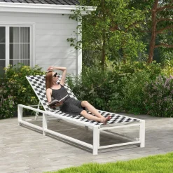 Tangkula Adjustable Patio Lounge Chair with Wheels, Outdoor Chaise Lounge with Breathable Fabric and Sturdy Metal Frame