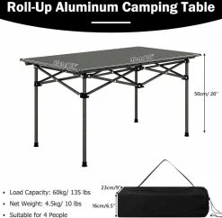 Tangkula Aluminum Folding Camping Table, Lightweight Roll-up Camp Table for 4-6 People with Large Tabletop & Carry Bag