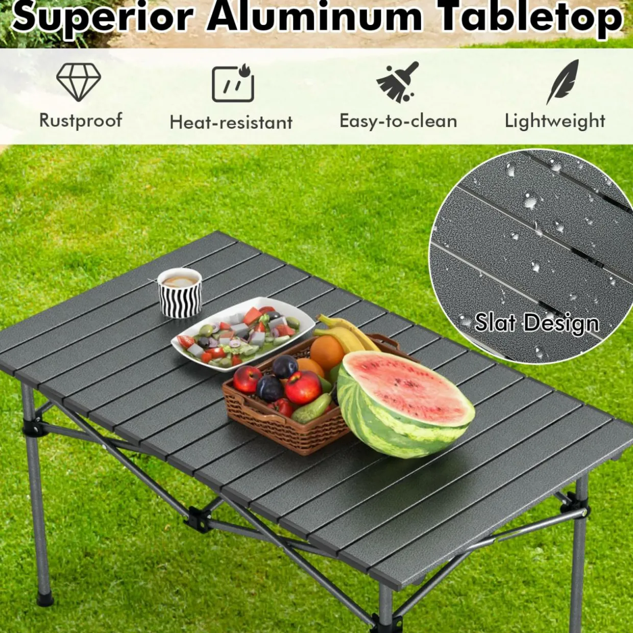 Tangkula Aluminum Folding Camping Table, Lightweight Roll-up Camp Table for 4-6 People with Large Tabletop & Carry Bag