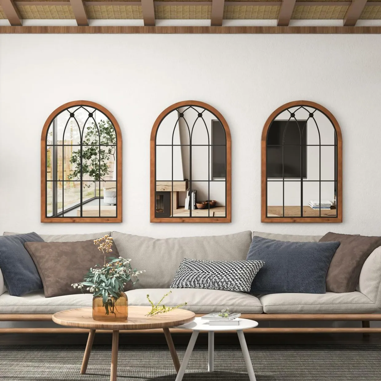 Tangkula Arched Window Mirror, Window Frame Decor Wall Mounted Mirror with Back Board, 24" x 36" Wall Mirror