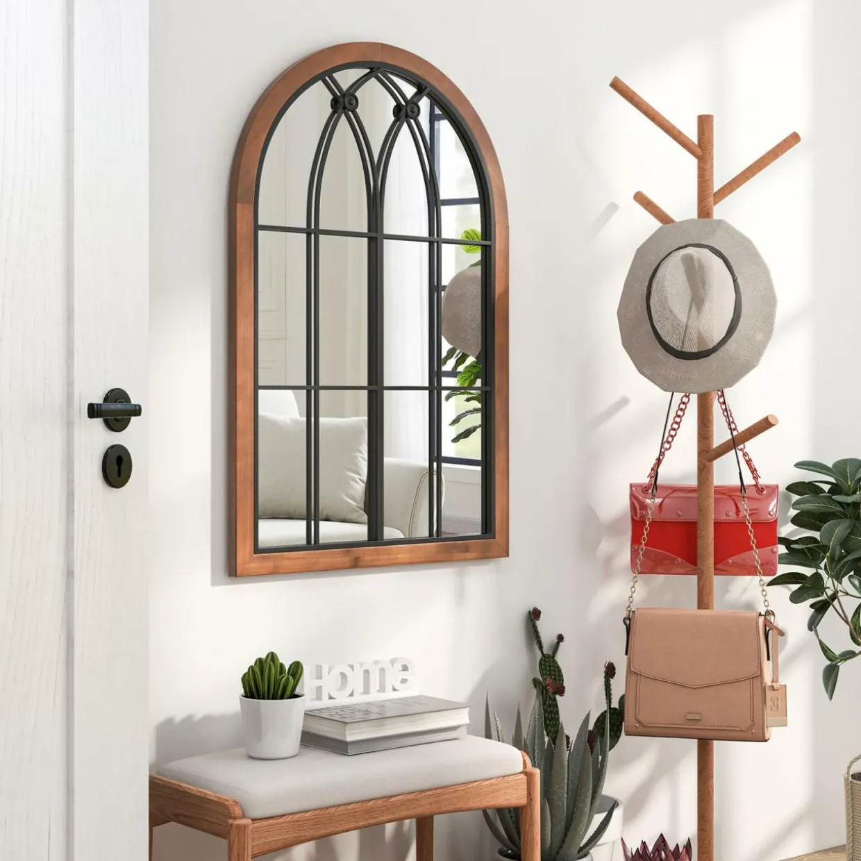 Tangkula Arched Window Mirror, Window Frame Decor Wall Mounted Mirror with Back Board, 24" x 36" Wall Mirror