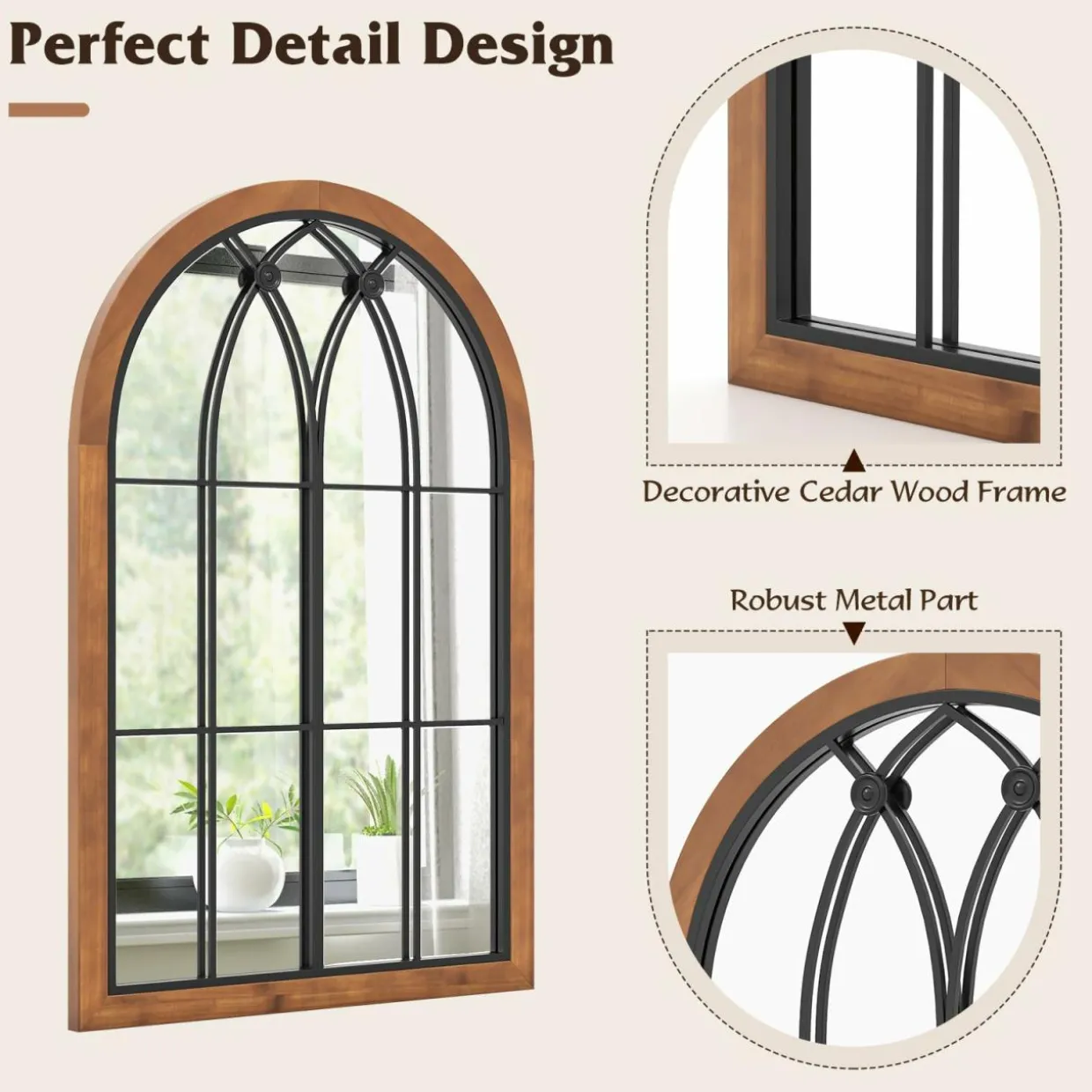 Tangkula Arched Window Mirror, Window Frame Decor Wall Mounted Mirror with Back Board, 24" x 36" Wall Mirror