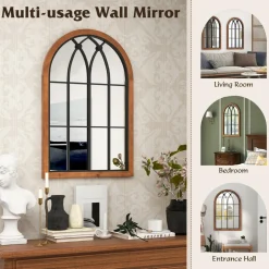 Tangkula Arched Window Mirror, Window Frame Decor Wall Mounted Mirror with Back Board, 24