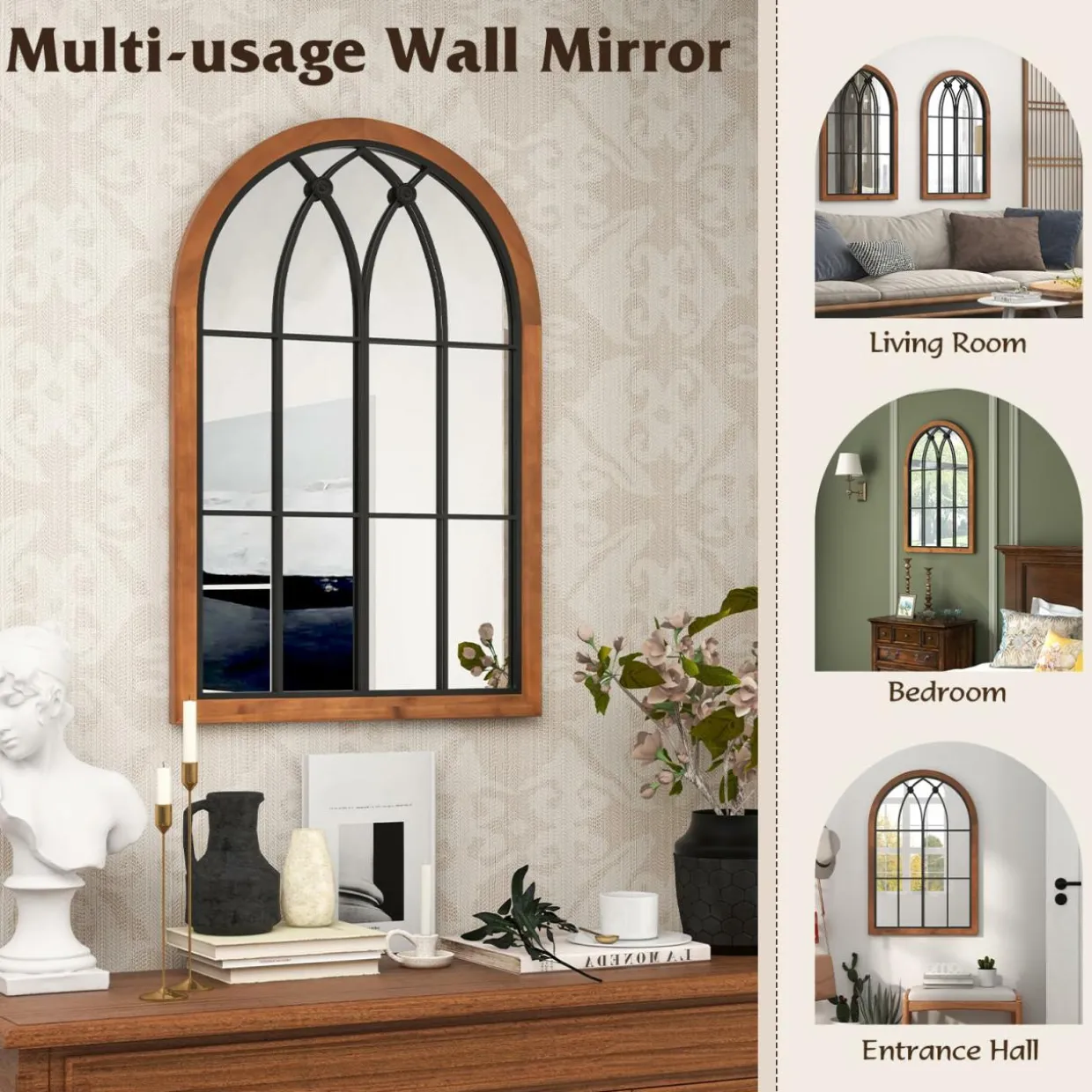 Tangkula Arched Window Mirror, Window Frame Decor Wall Mounted Mirror with Back Board, 24" x 36" Wall Mirror