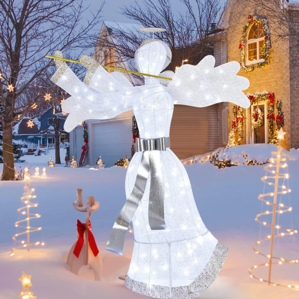 Tangkula Artificial Christmas Decor w/ 100 LED Lights 4 Ground Stakes & 10 Zip Ties Indoor & Outdoor Xmas Holiday Decoration