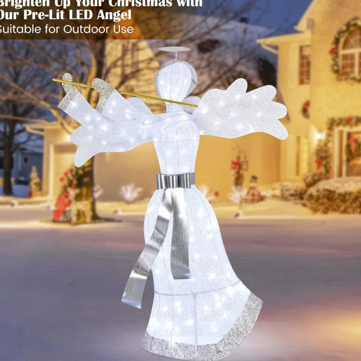 Tangkula Artificial Christmas Decor w/ 100 LED Lights 4 Ground Stakes & 10 Zip Ties Indoor & Outdoor Xmas Holiday Decoration