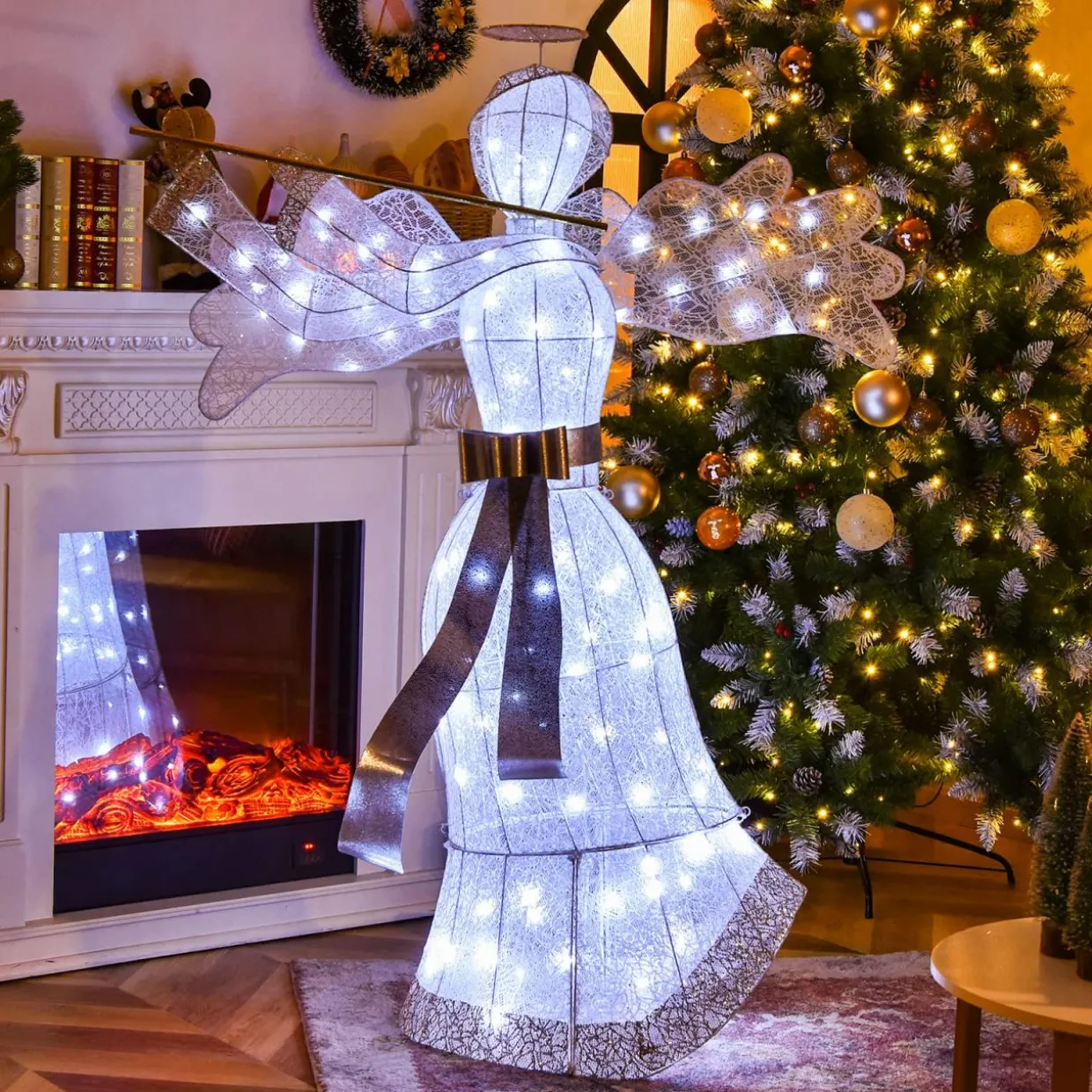 Tangkula Artificial Christmas Decor w/ 100 LED Lights 4 Ground Stakes & 10 Zip Ties Indoor & Outdoor Xmas Holiday Decoration